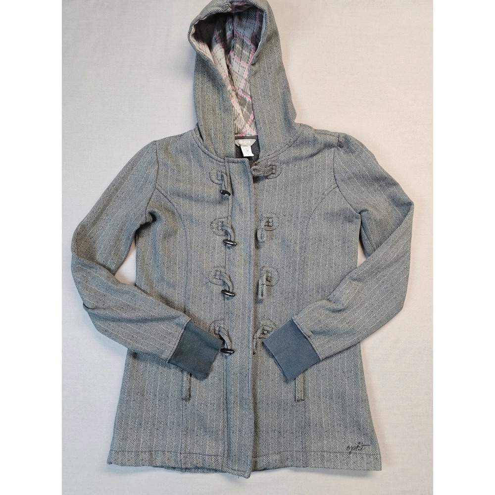 Split Womens Hooded Duffle Coat Herringbone Pattern Grey Size M